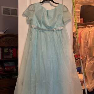 Vintage 1950s Sheer Blue Pastel Chiffon Party Dress with Beading